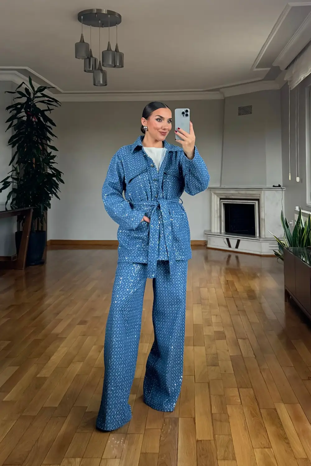 Denim Payet Detaylı Ceket Pantolon Kadın Takım - MAVİ
