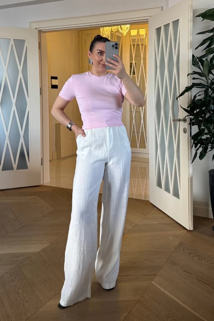 Basic Bisiklet Yaka Kısa Kollu Kadın Crop Tişört - Pembe