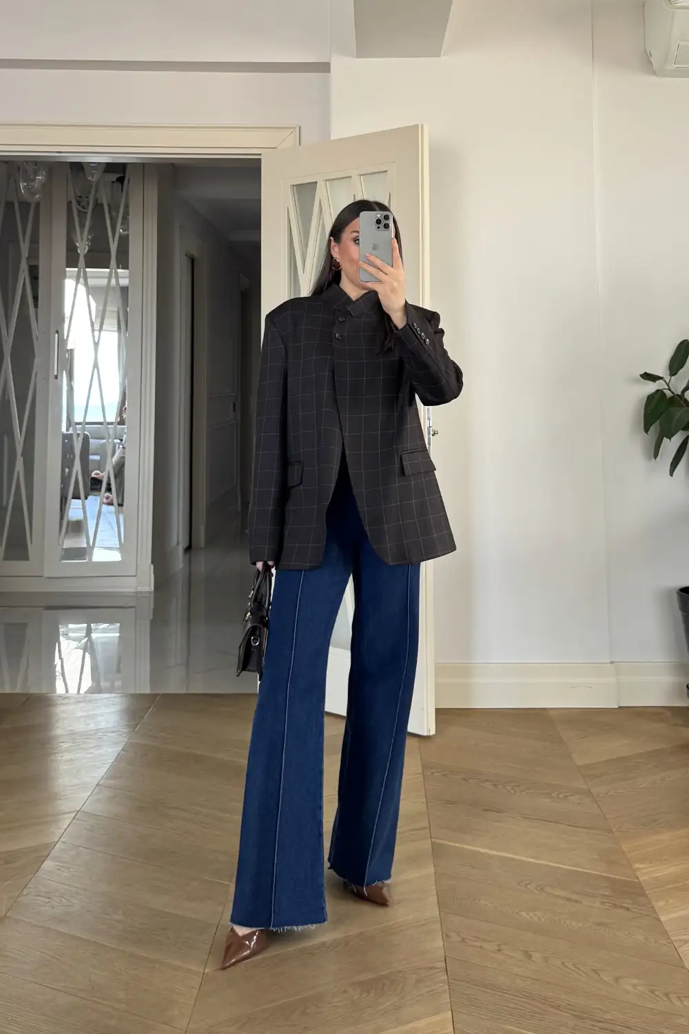 Hakim Yaka Ekoseli Blazer Kadın Ceket - Kahverengi