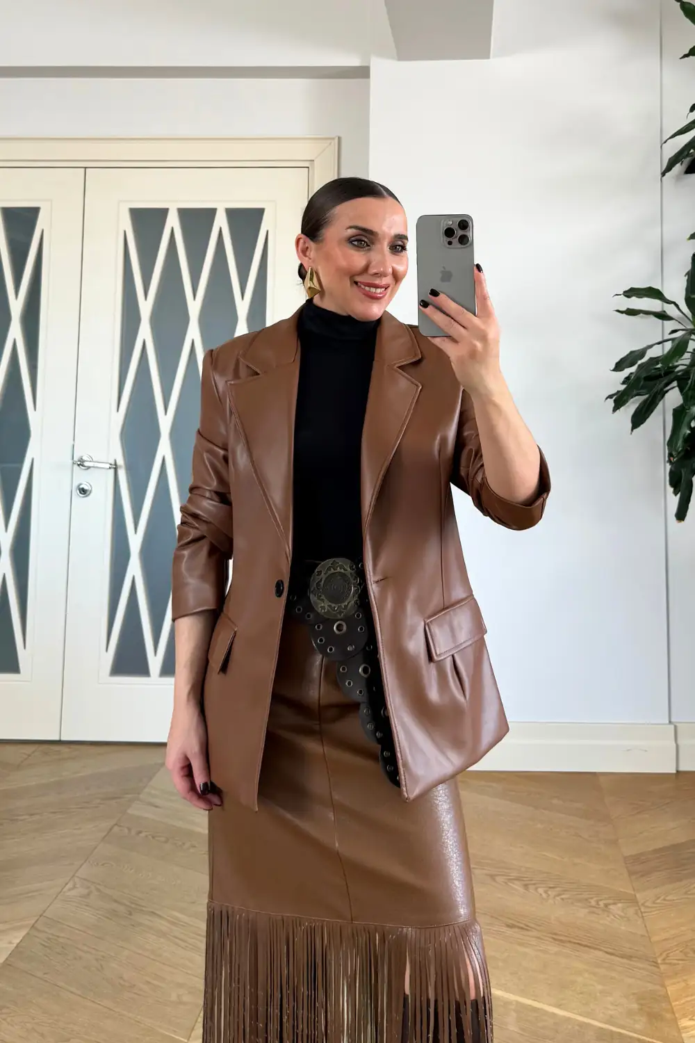 Suni Deri Blazer Kadın Ceket - Taba