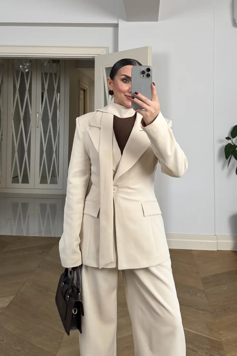 Fular Detaylı Blazer Kadın Ceket - Bej