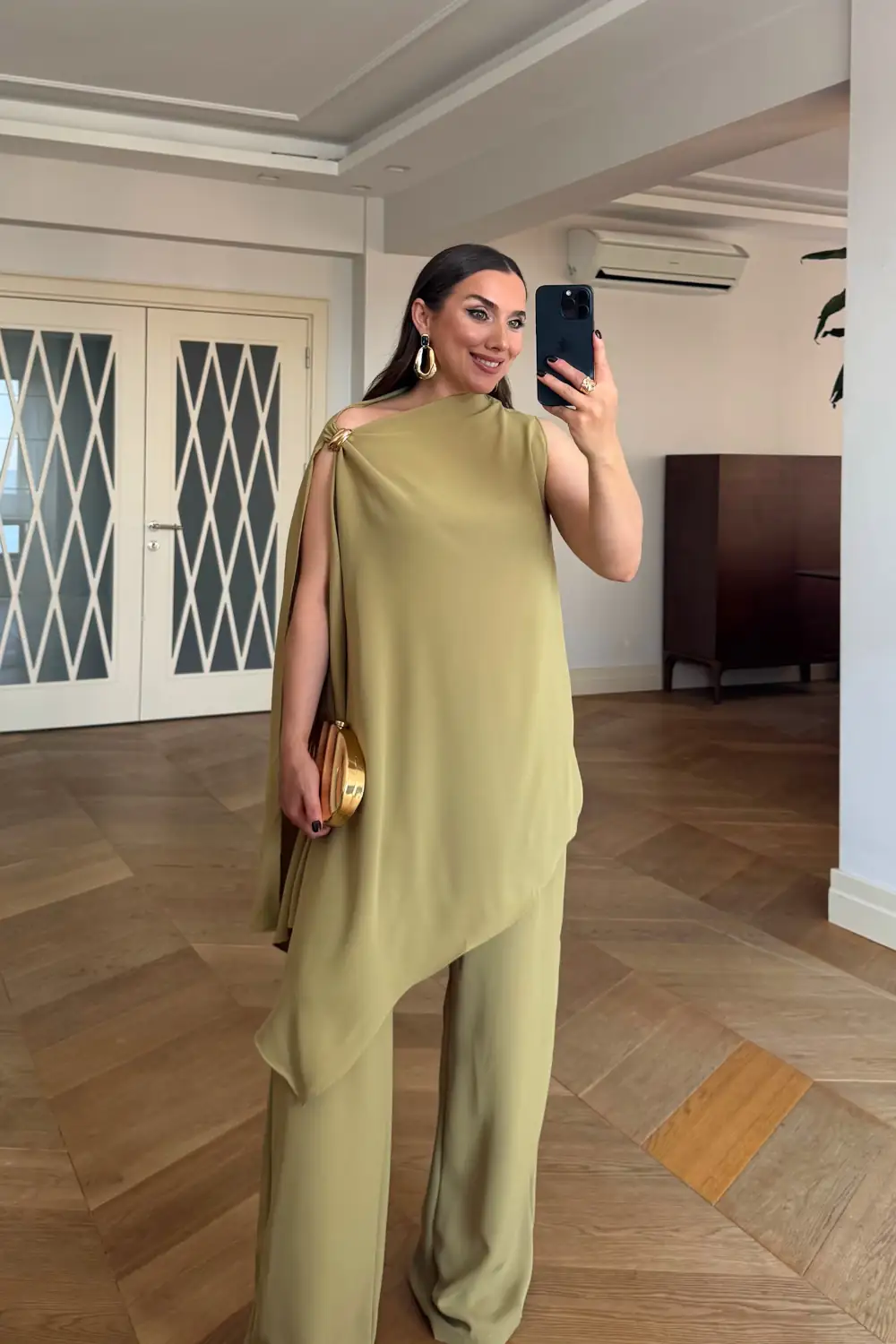 Asimetrik Kesim Bluz Pantolon Takım - Yağ Yeşil