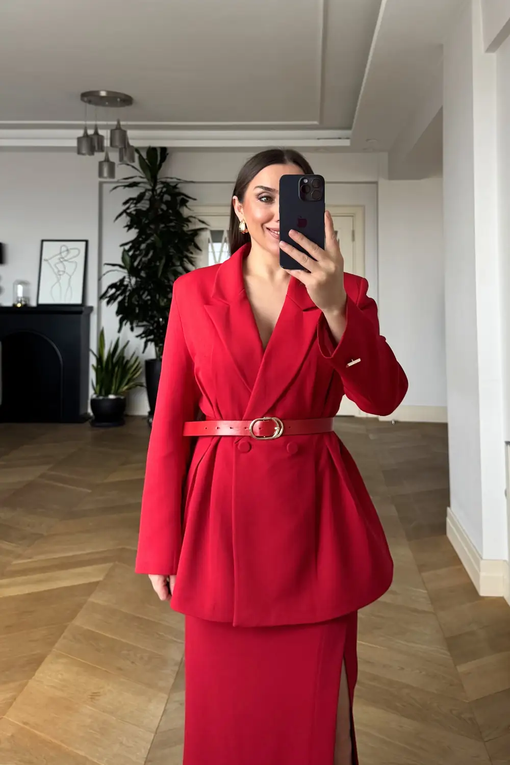 Kemerli Blazer Kadın Ceket - Kırmızı