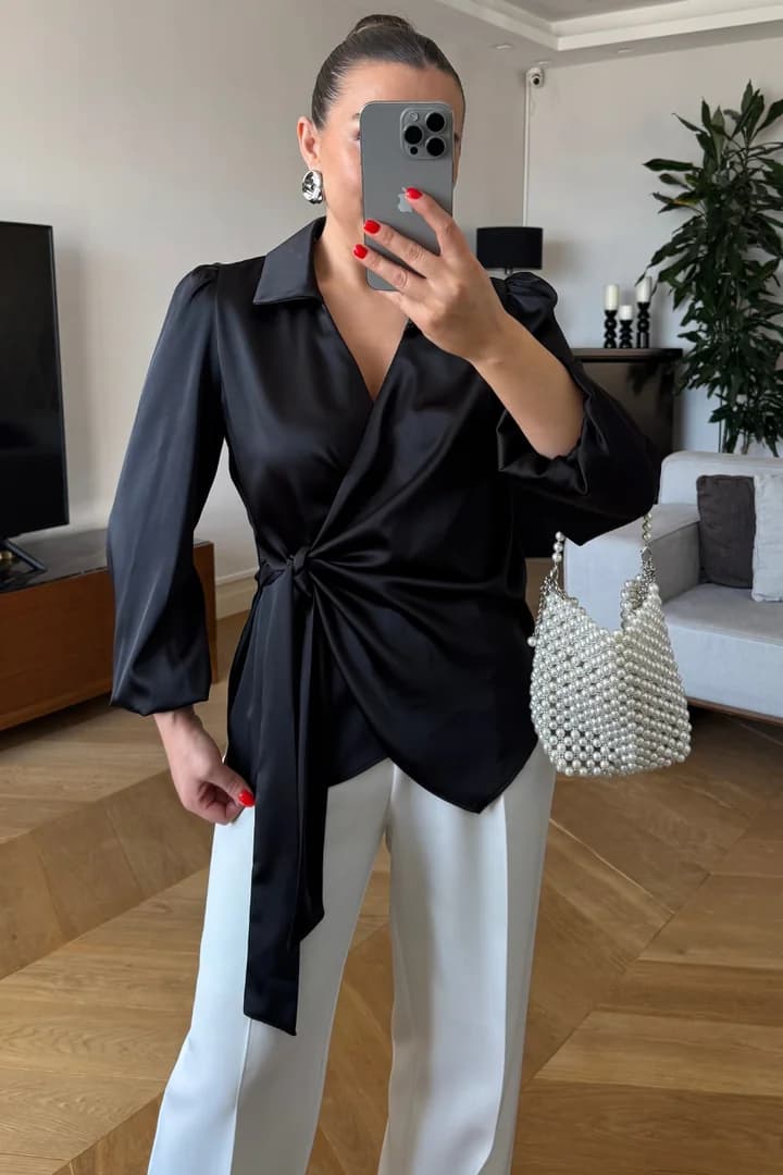 Kruvaze Bağlamalı Saten Bluz 1