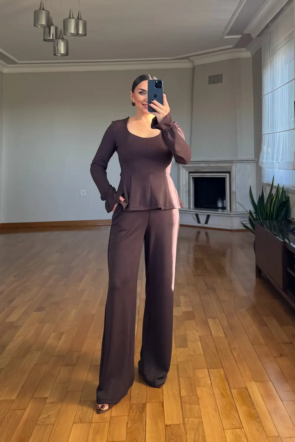 Kare Yaka Bluz Pantolon Kadın Takım - Kahverengi