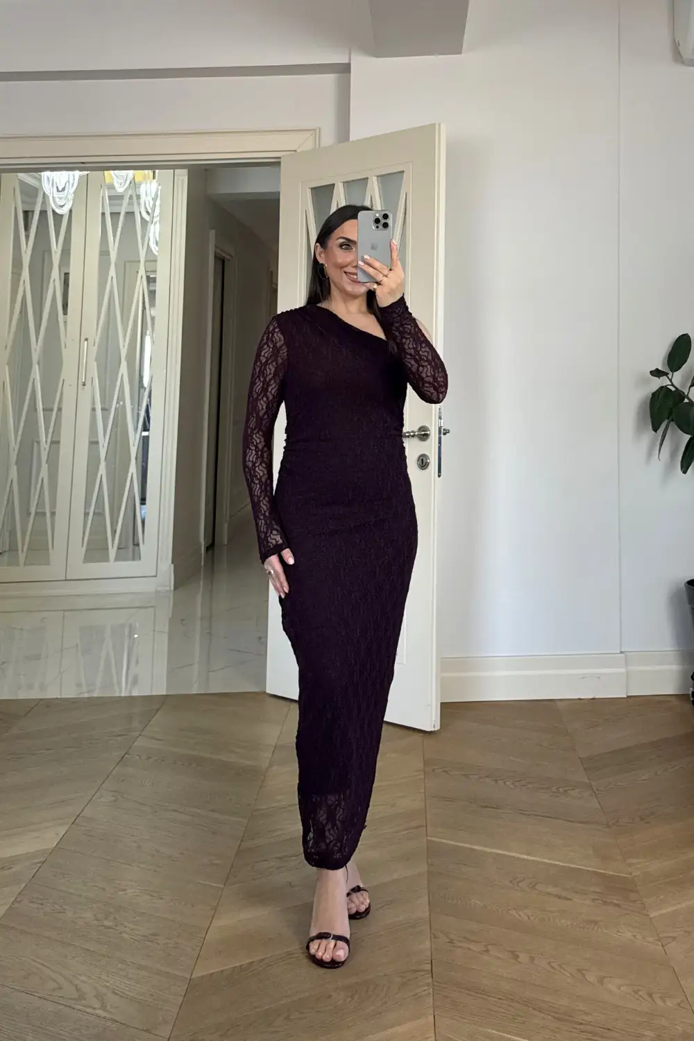 Asimetrik Yaka Dantel Midi Elbise - BORDO