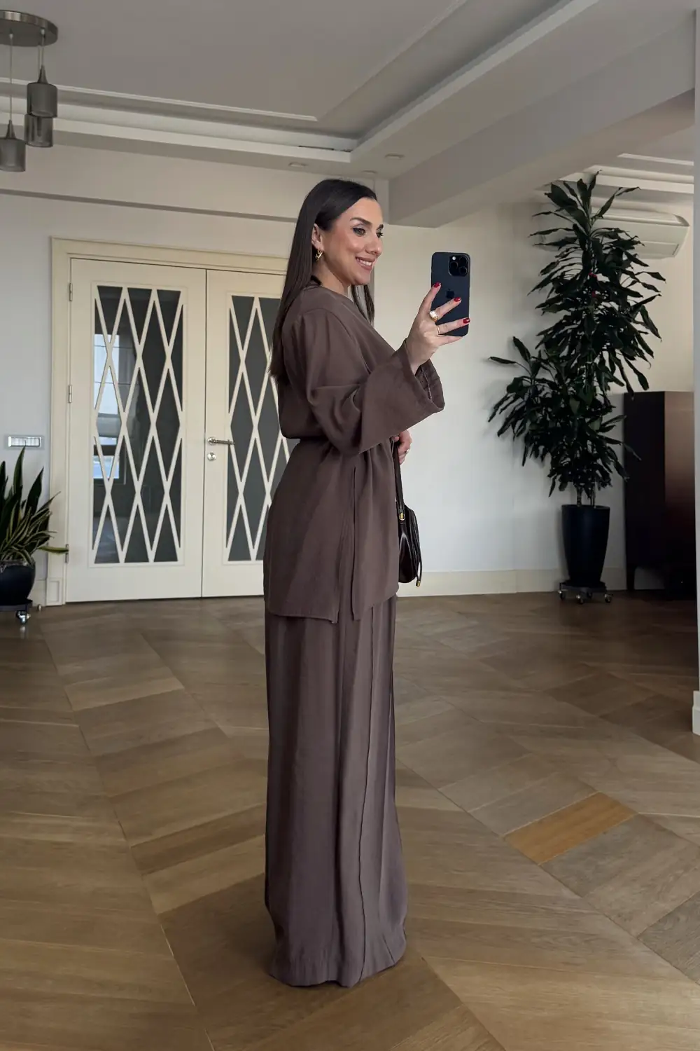 Pile Detaylı Bluz Pantolon Takım - Kahverengi