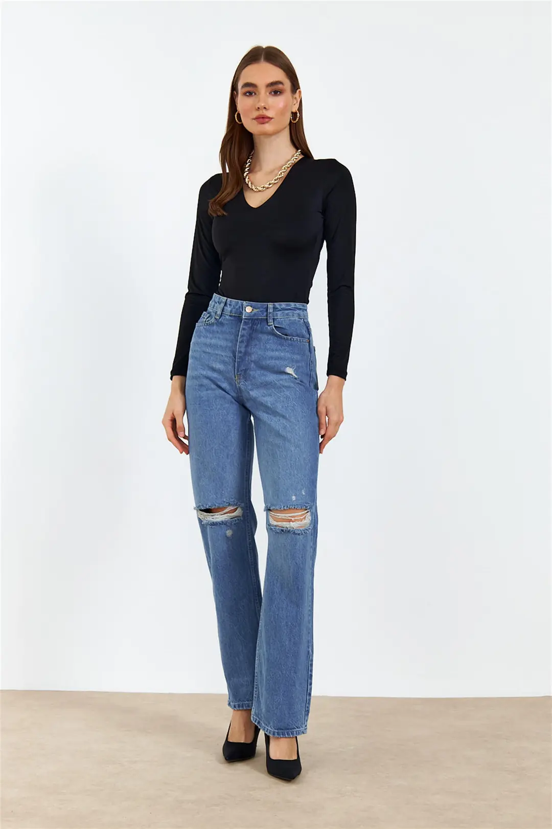 V Yaka Uzun Kollu Body Suit