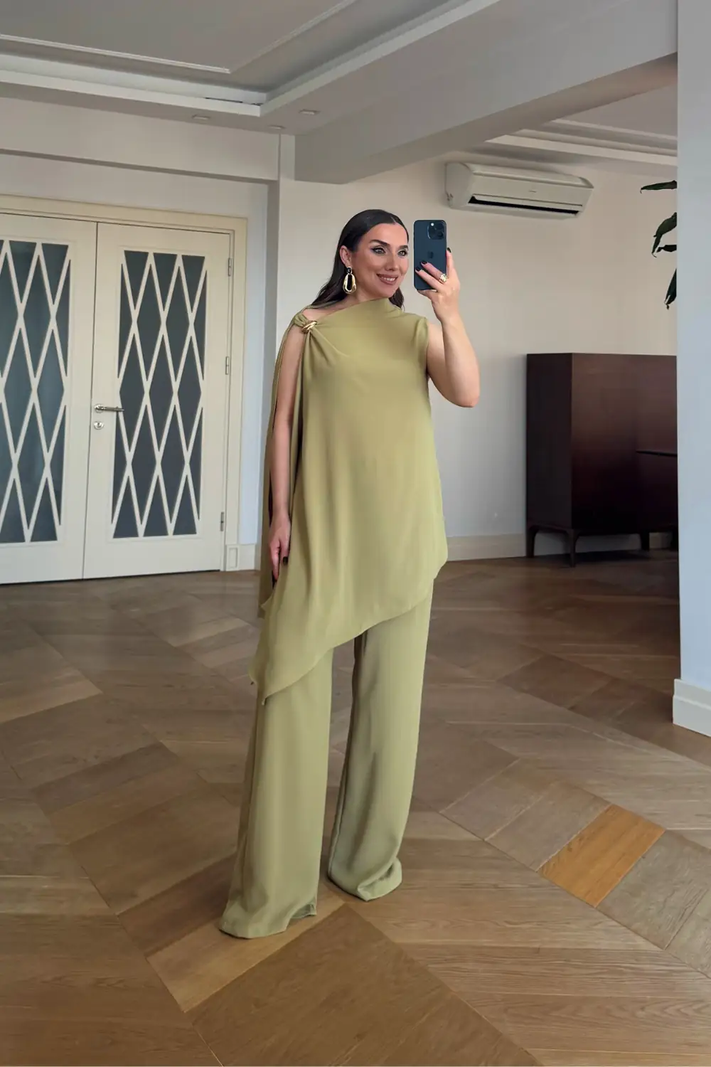 Asimetrik Kesim Bluz Pantolon Takım - Yağ Yeşil
