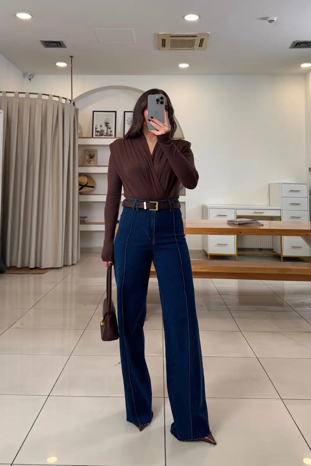Kruvaze Yaka Vatkalı Uzun Kollu Bodysuit - Kahverengi