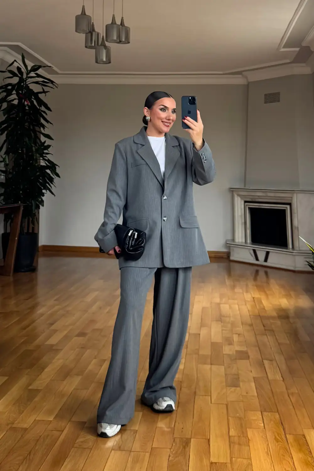 Çizgili Blazer Ceket Pantolon Kadın Takım - Gri