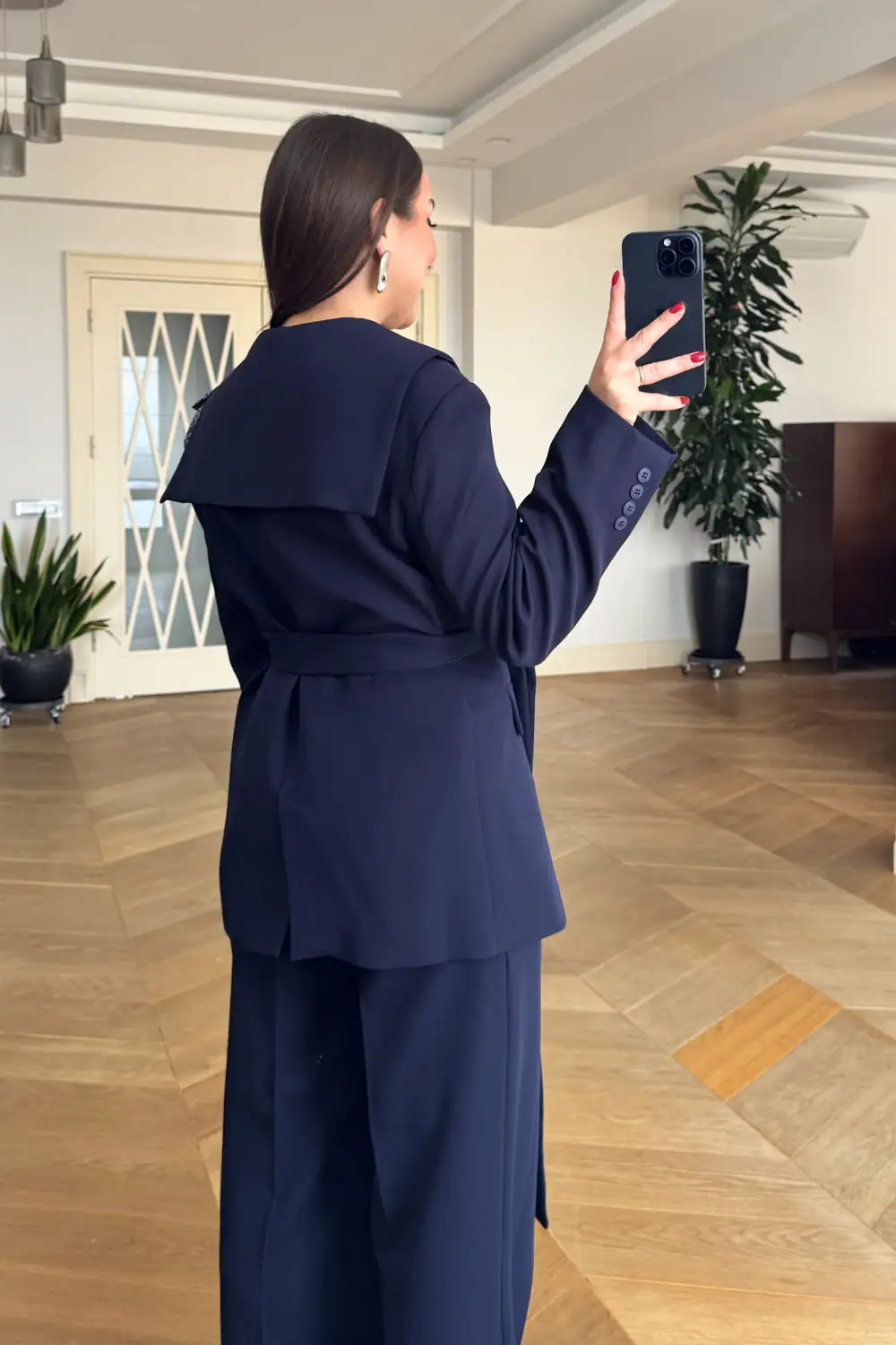Pelerin Detaylı Blazer Ceket Pantolon Kadın Takım - Lacivert