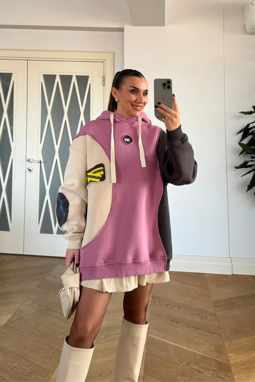 Blok Renkli Kapüşonlu Kadın Sweatshirt - Gülkurusu