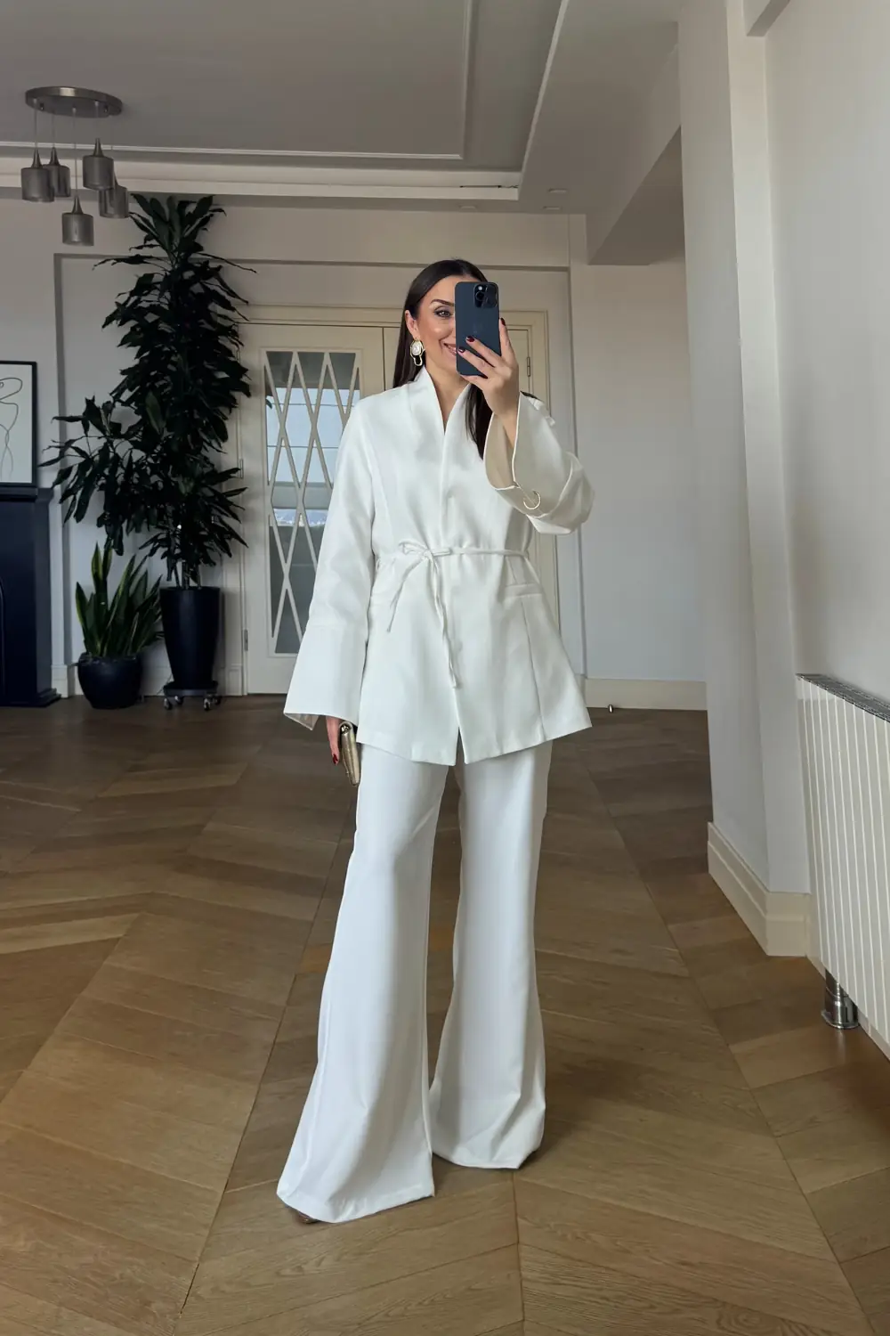 Dik Yaka Blazer Ceket Pantolon Kadın Takım - Beyaz