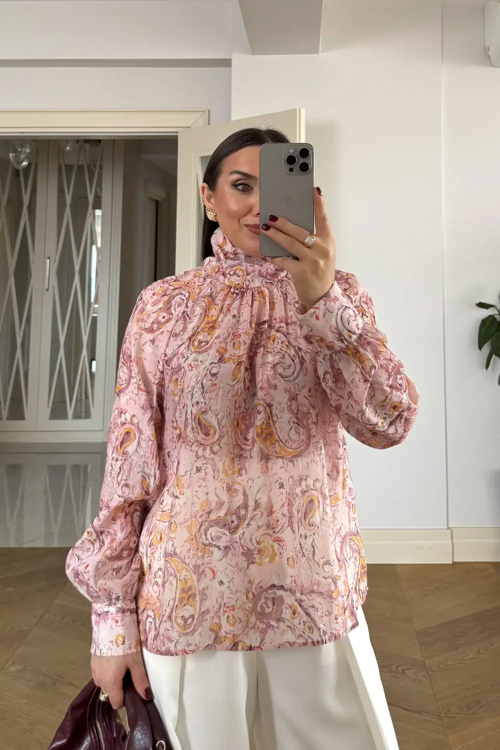 Desenli Şal Yaka Uzun Kollu Bluz - Pembe