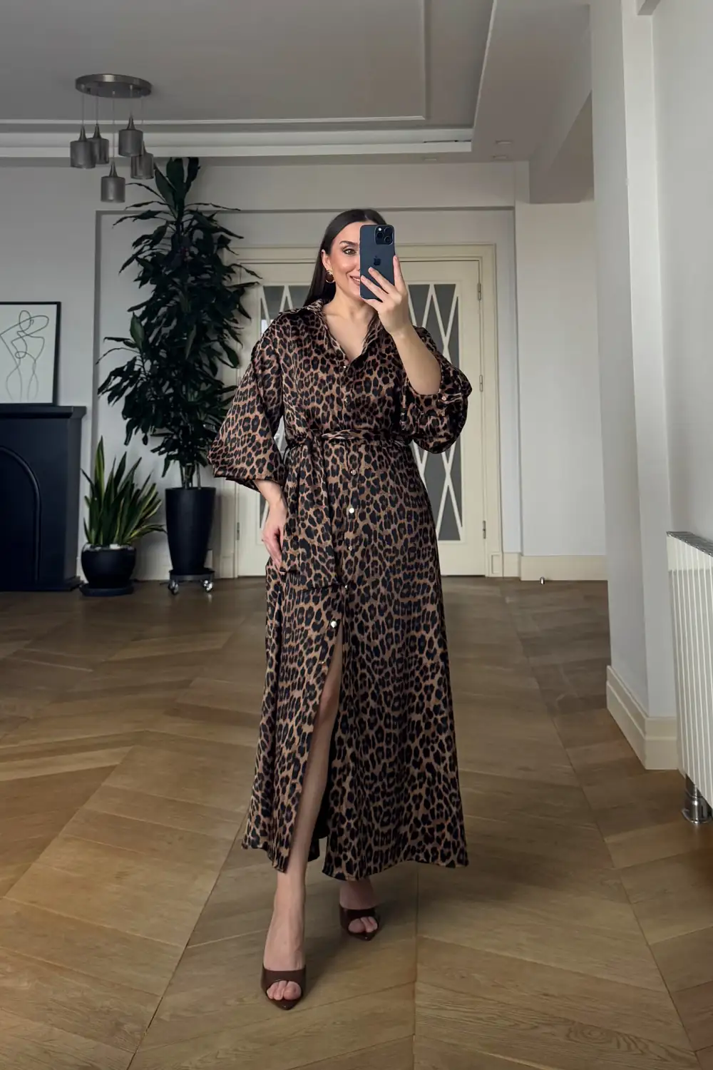 Leopar Desenli Gömlek Elbise 1
