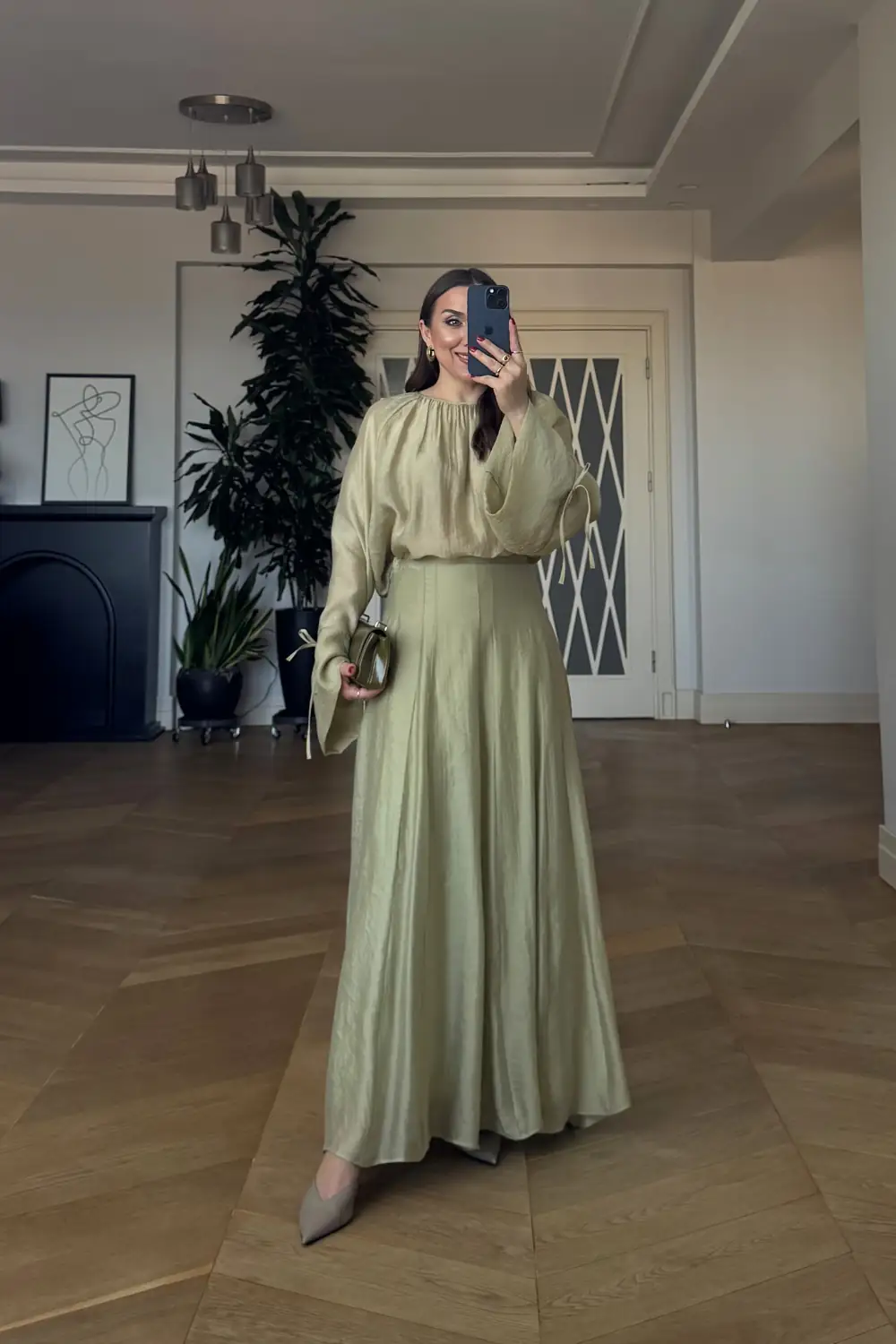 Büzgü Detaylı Bluz Etek Tencel Takım - Yeşil