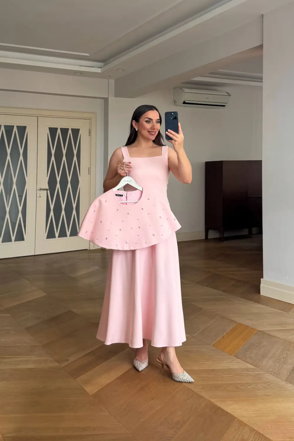 Pelerin Detaylı kare Yaka Askılı Midi Elbise - Pembe