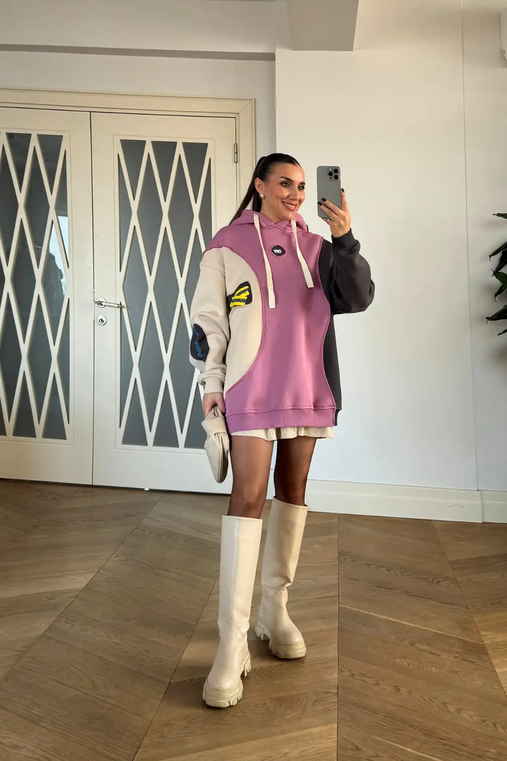 Blok Renkli Kapüşonlu Kadın Sweatshirt - Gülkurusu
