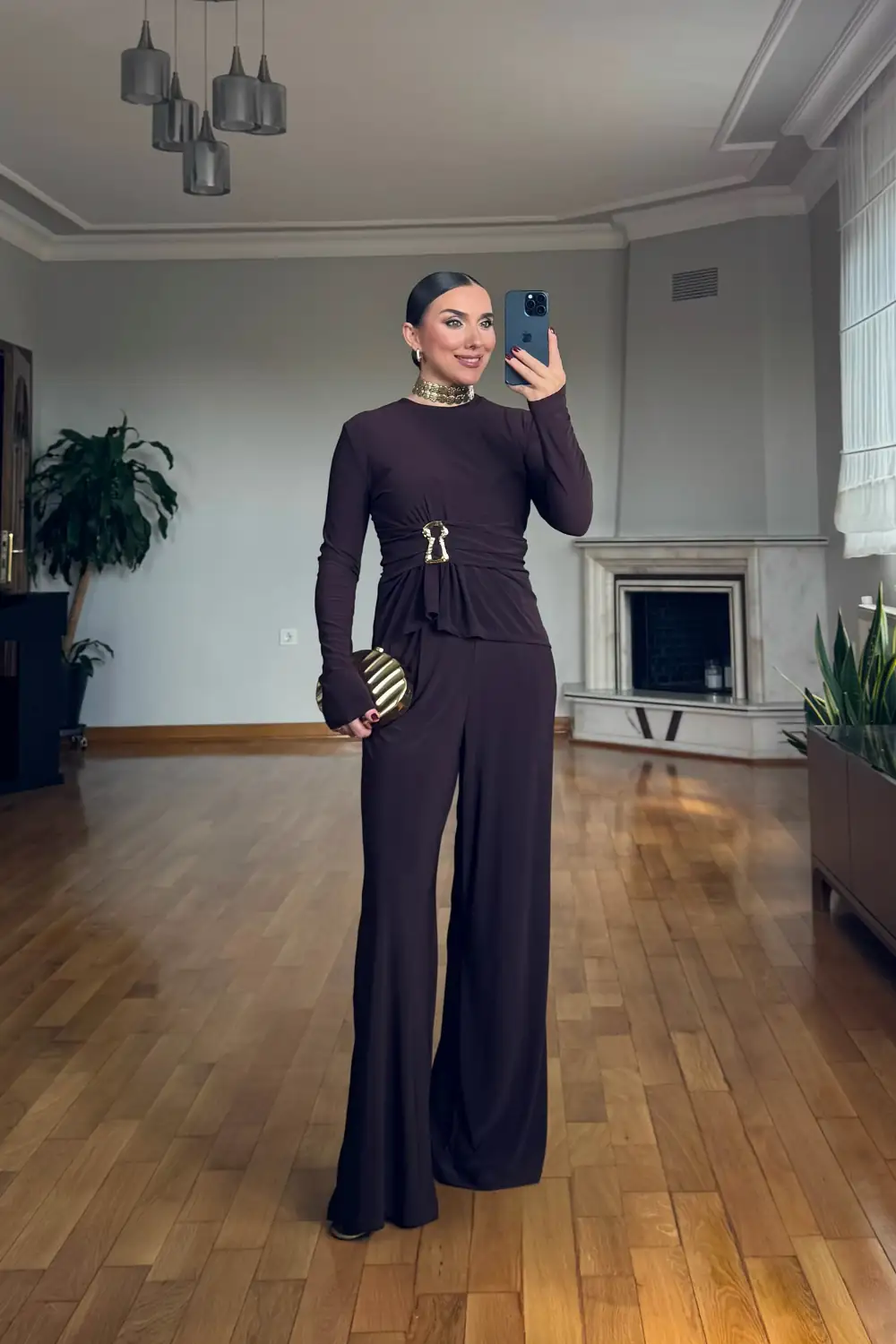 Toka Detaylı Bluz Pantolon Kadın Takım - Kahverengi