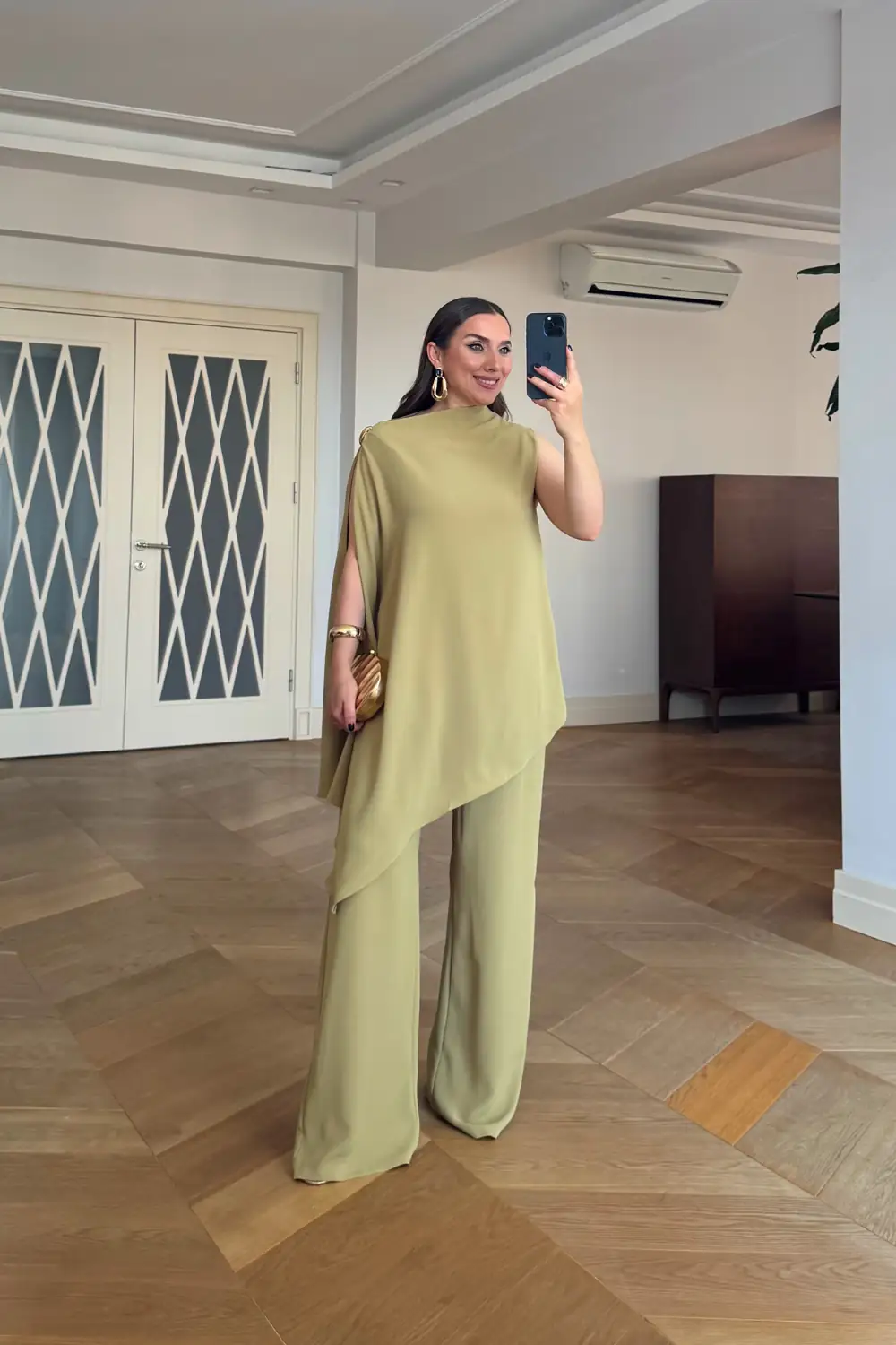 Asimetrik Kesim Bluz Pantolon Takım - Yağ Yeşil