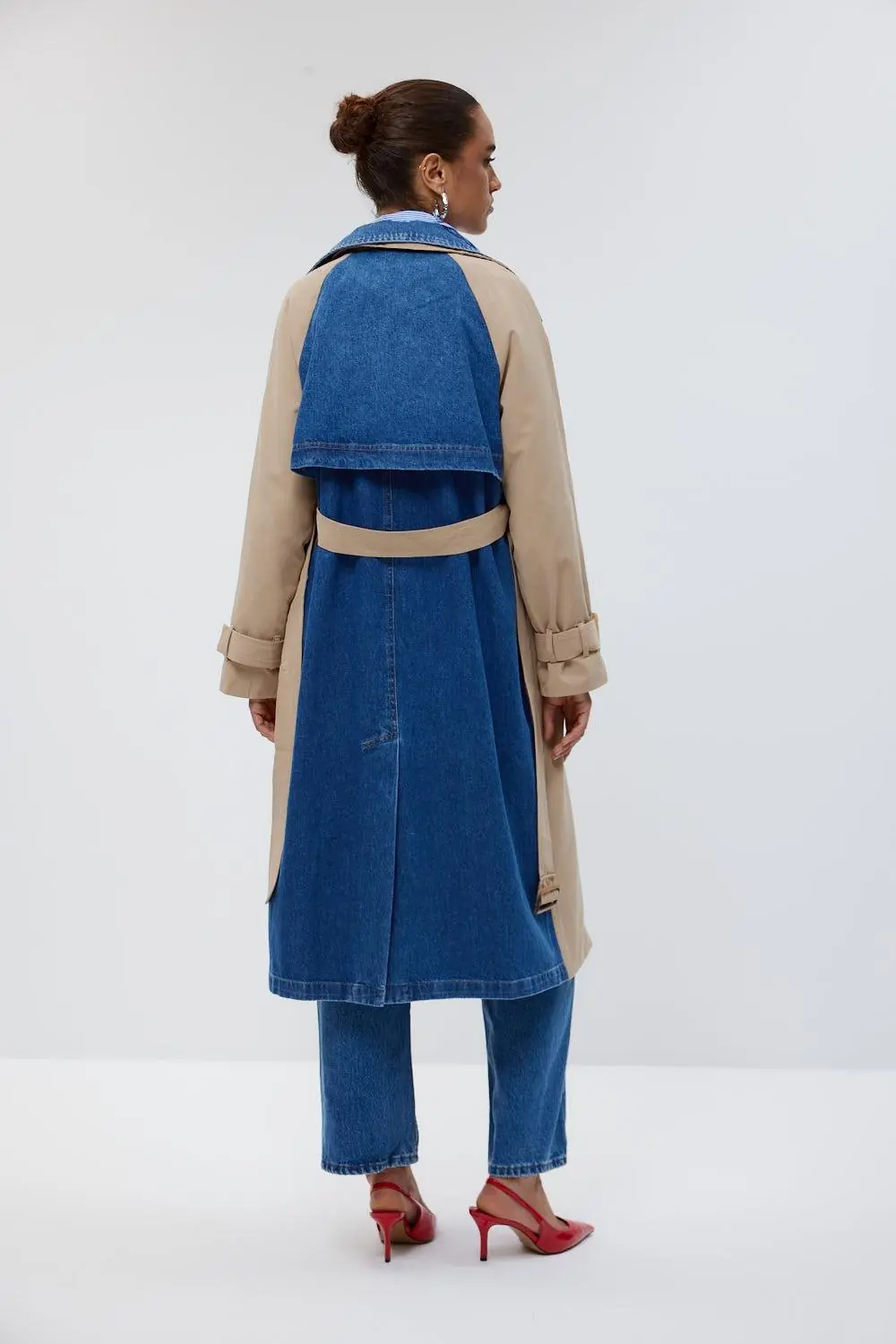 Kruvaze Yaka Denim Detaylı Kadın Trençkot 7