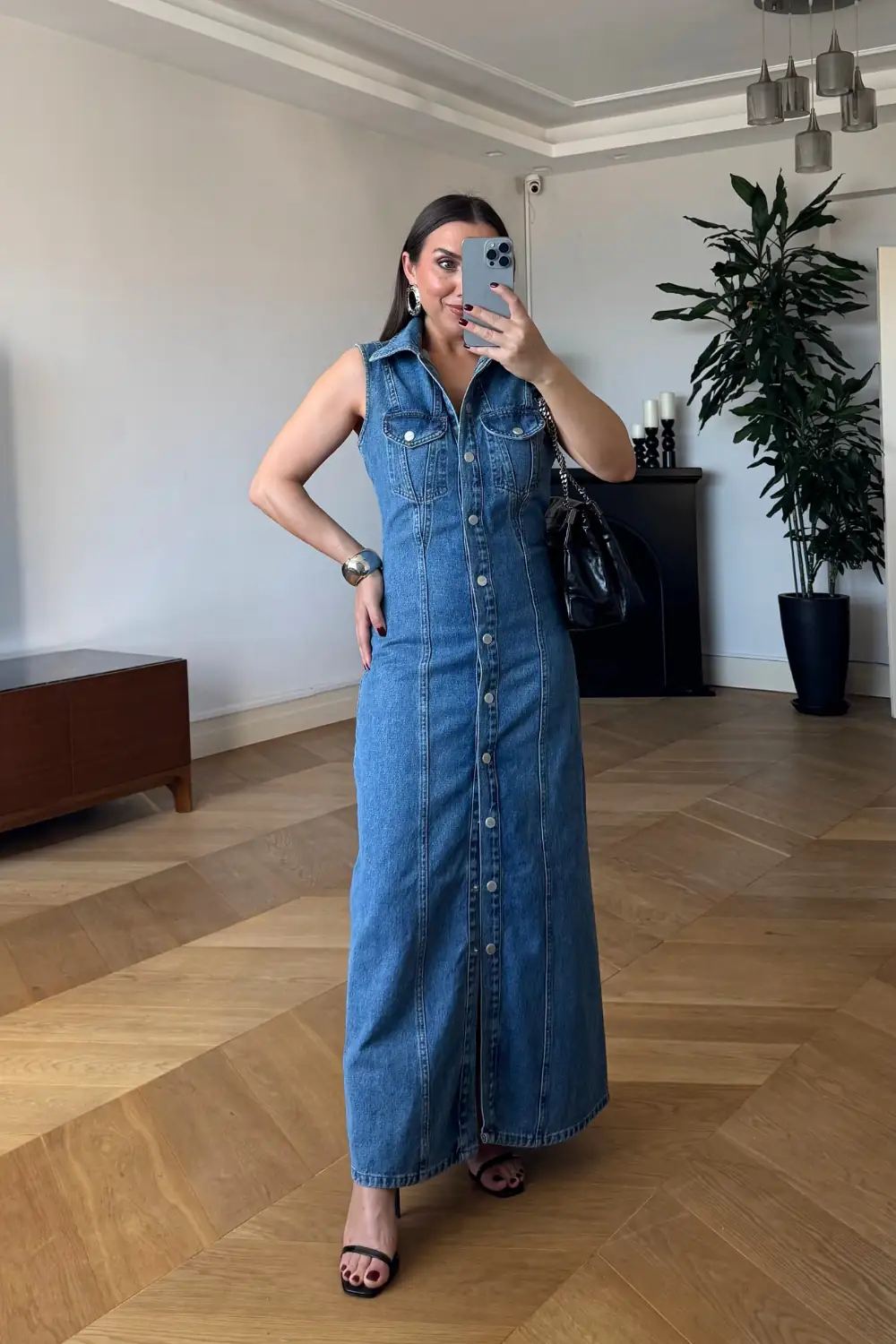 Sıfır Kol Denim Uzun Gömlek Elbise 3