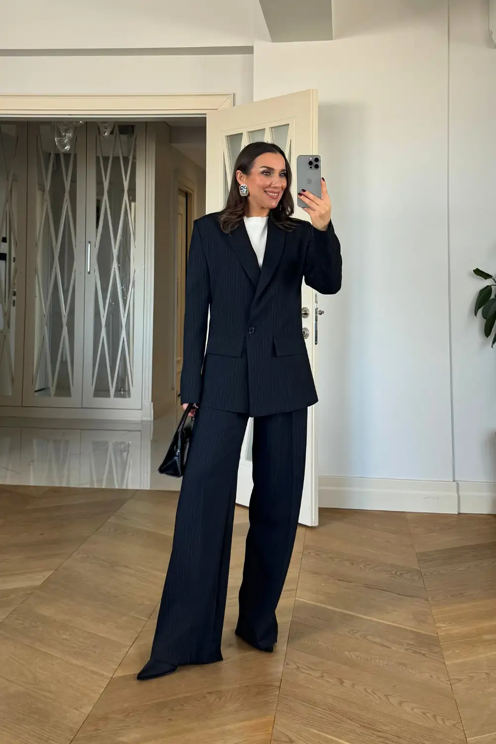 Kruvaze Çizgili Blazer Ceket Pantolon Kadın Takım - SİYAH