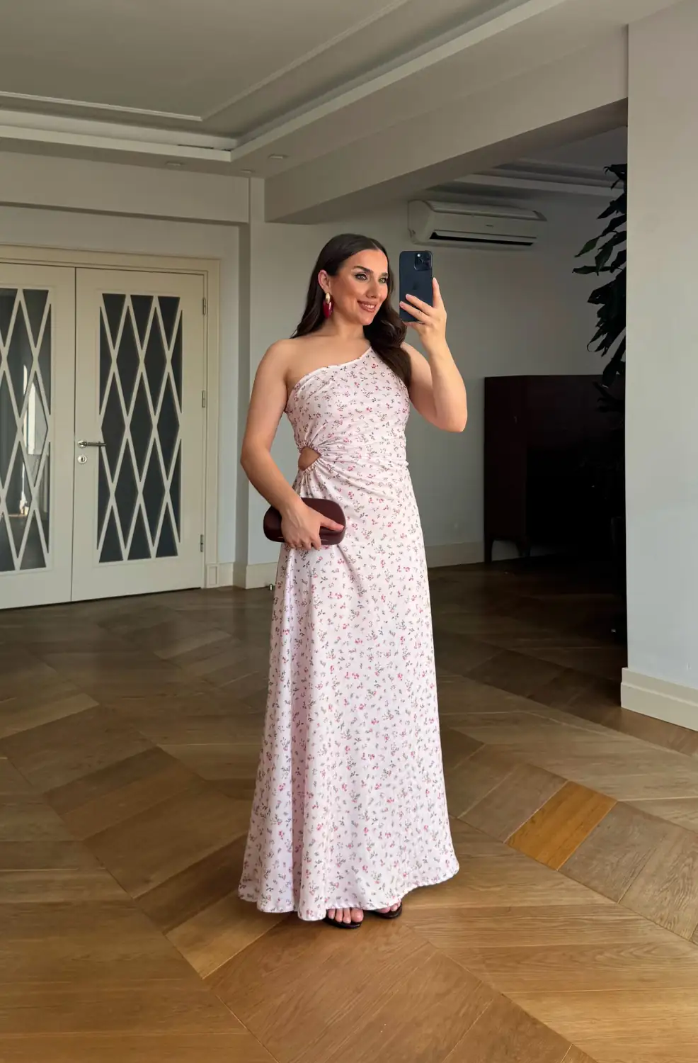 Çiçek Desenli Tek Omuz Uzun Elbise - Pembe