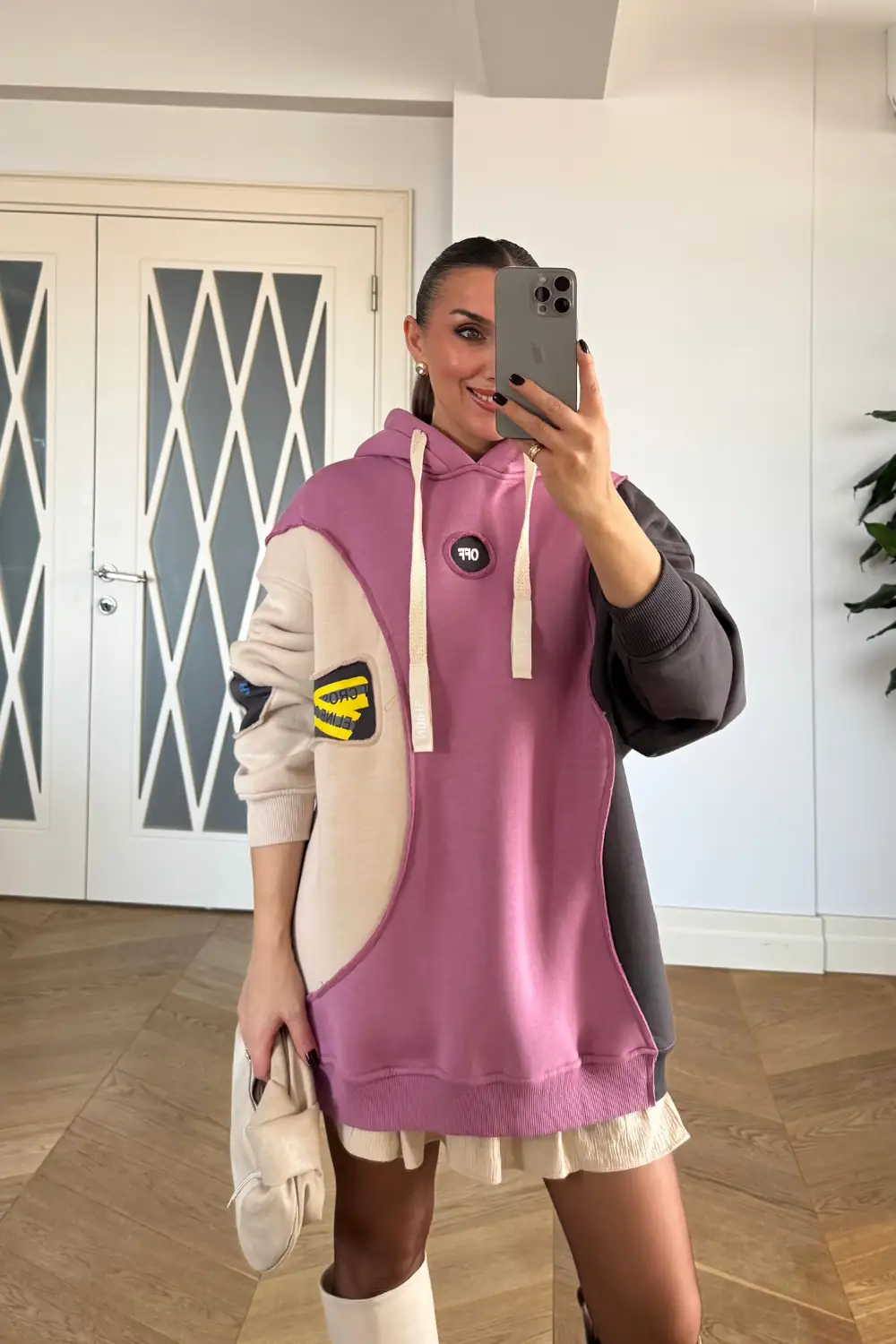 Blok Renkli Kapüşonlu Kadın Sweatshirt - Gülkurusu