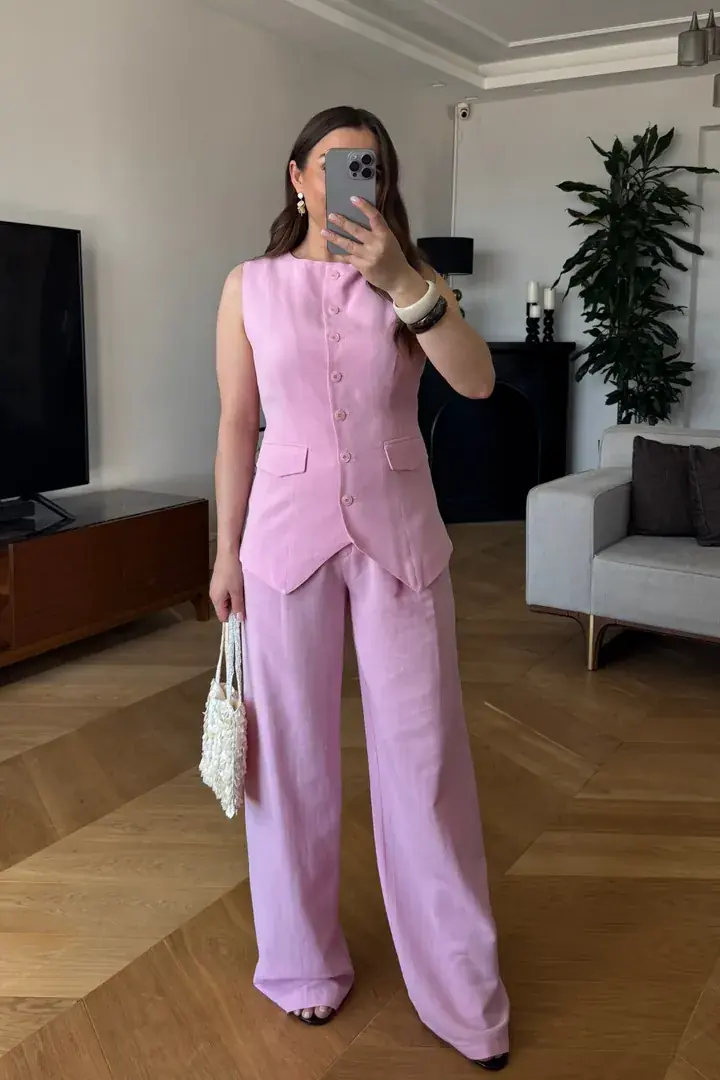 Bisiklet Yaka Keten Karışımlı Kadın Yelek - Pembe