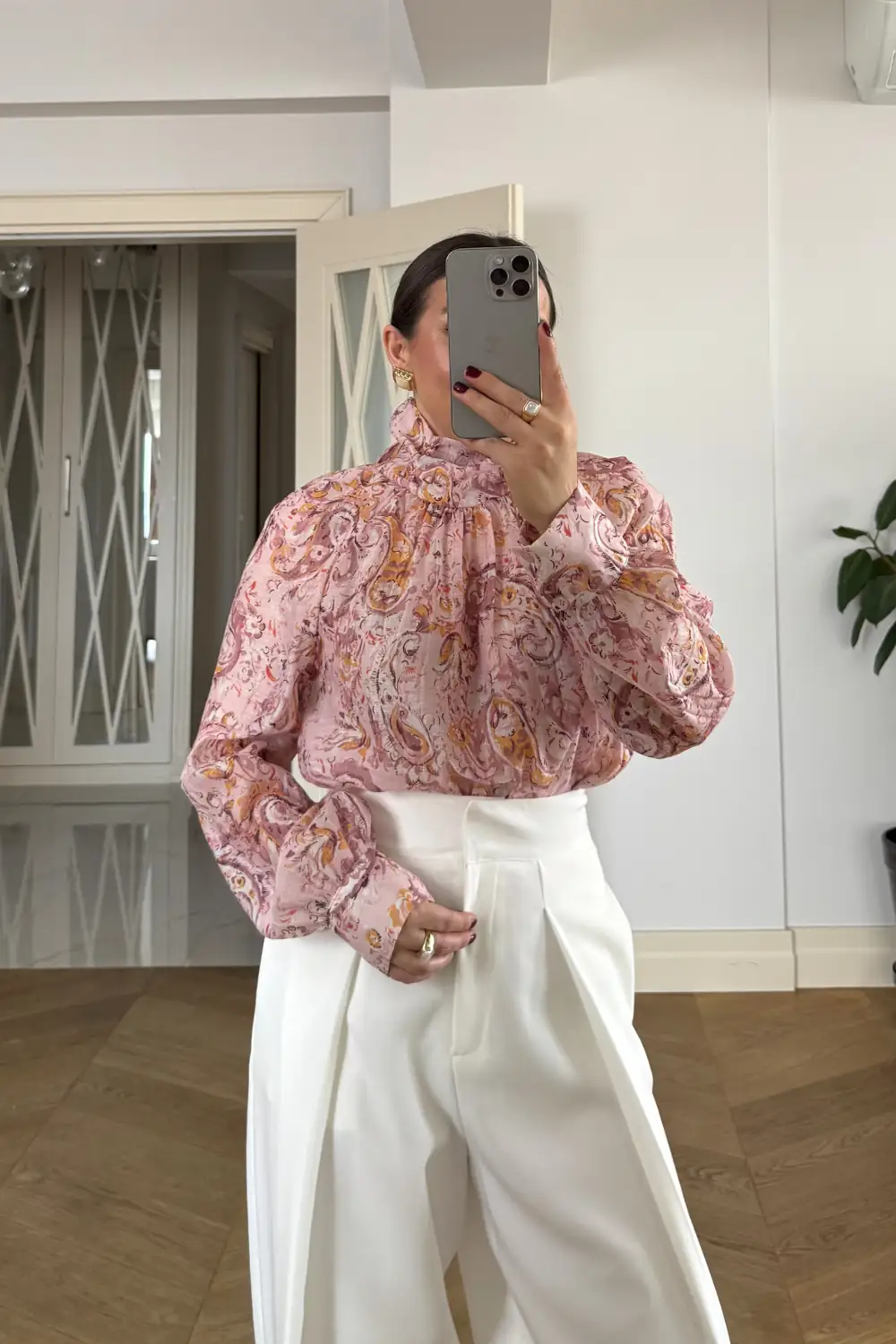 Desenli Şal Yaka Uzun Kollu Bluz - Pembe