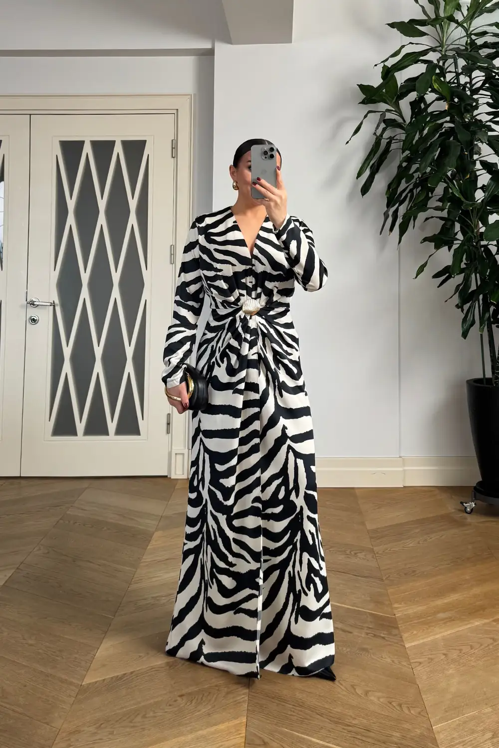 Zebra Desenli V Yaka Uzun Elbise 6