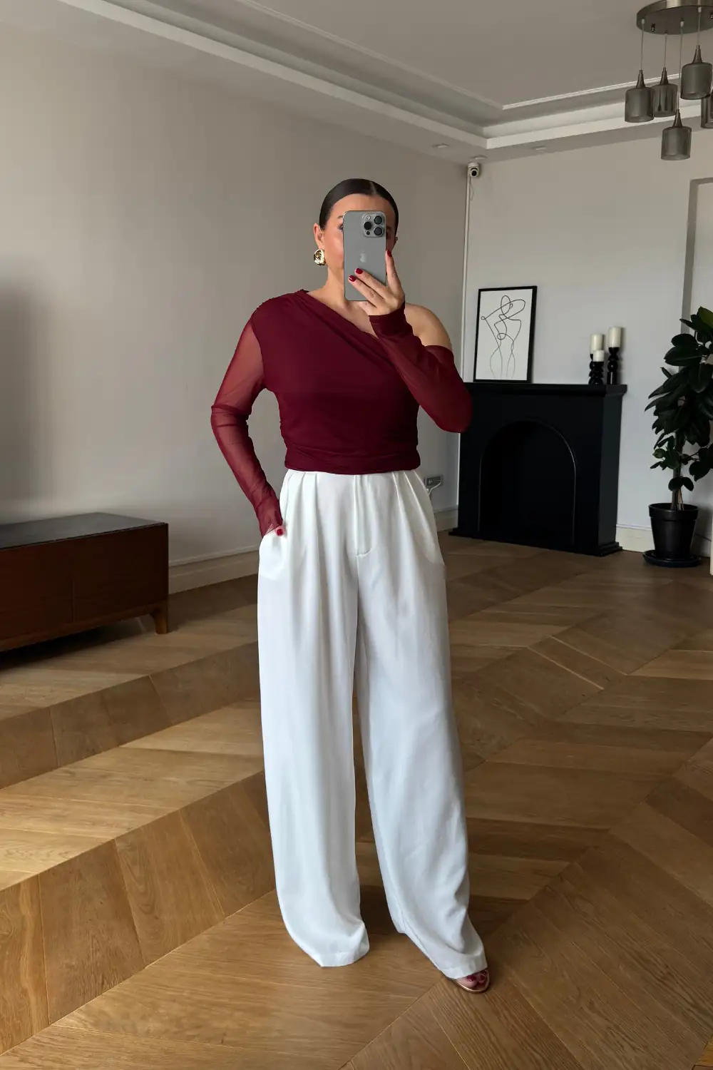 Drapeli Asimetrik Kesim Tül Bluz - BORDO