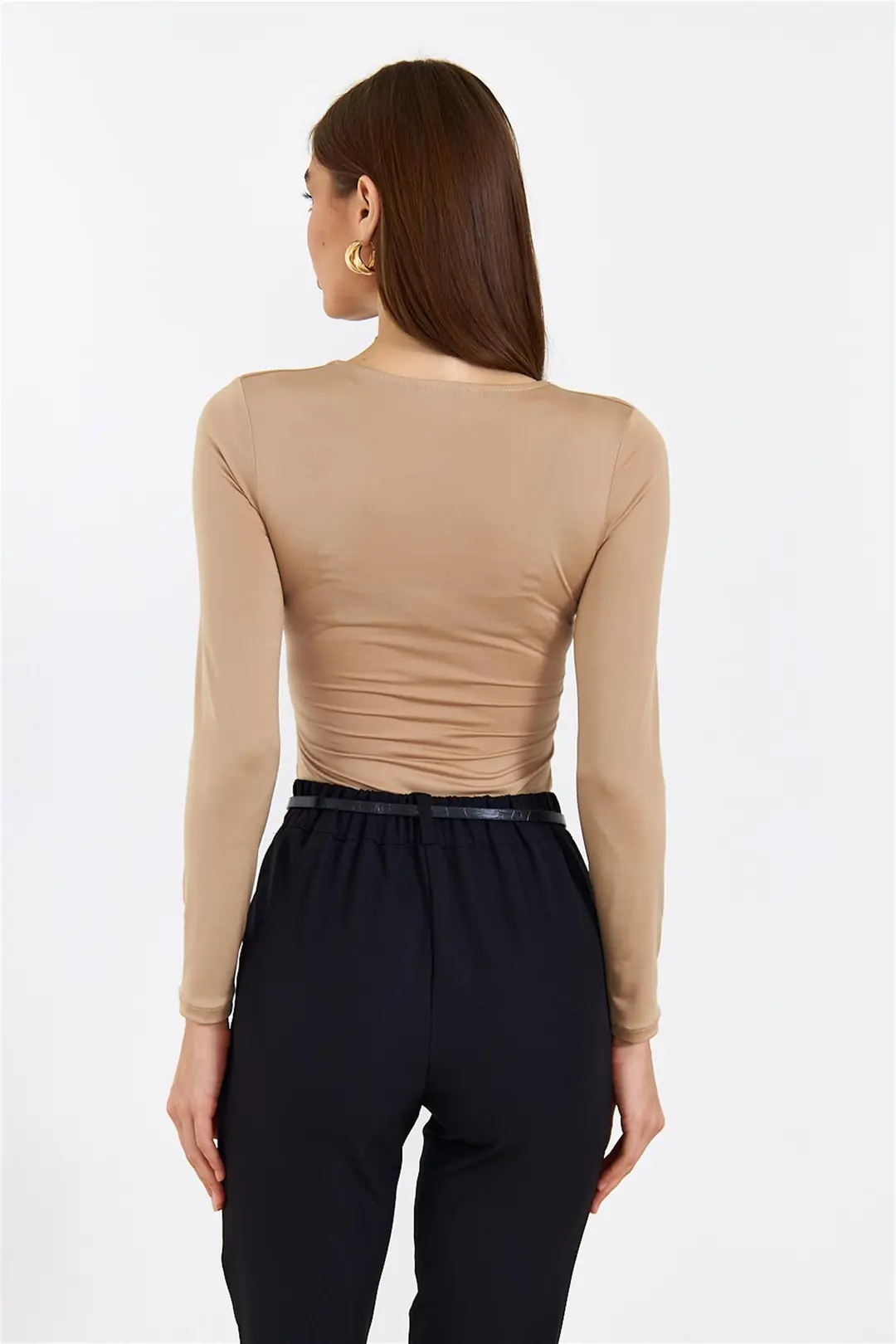 V Yaka Uzun Kollu Body Suit - Camel