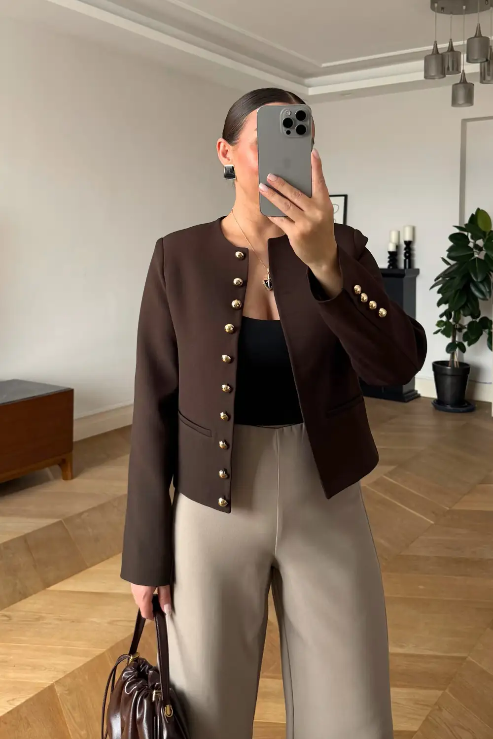Crop Blazer Yakasız Kadın Ceket 2