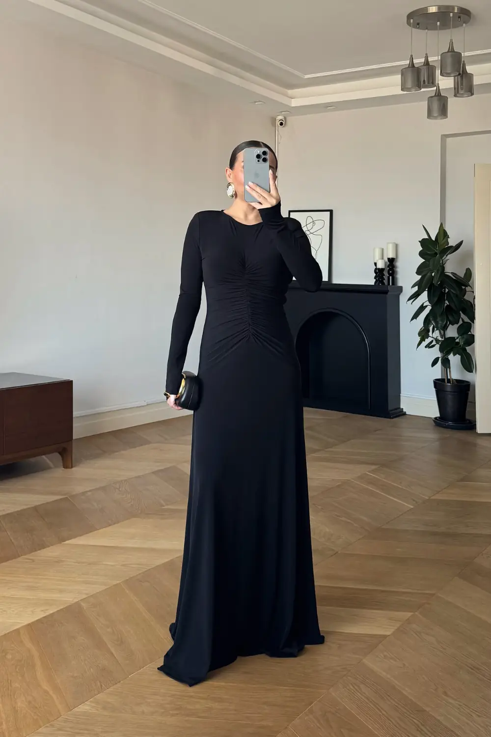Vatkalı Büzgü Detaylı Uzun Elbise 2