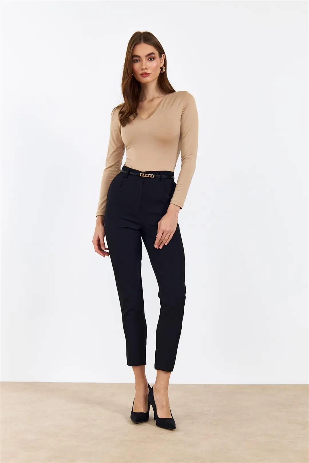 V Yaka Uzun Kollu Body Suit - Camel
