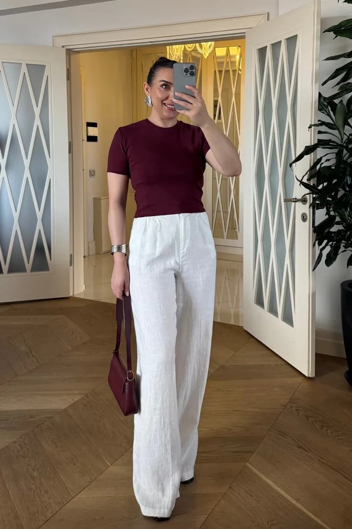 Basic Bisiklet Yaka Kısa Kollu Kadın Crop Tişört - BORDO