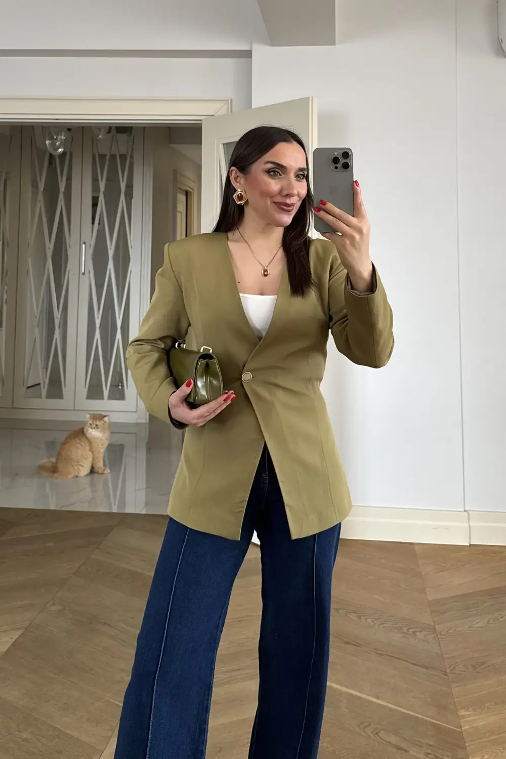 Yakasız Vücuda Oturan Blazer Kadın Ceket - HAKİ