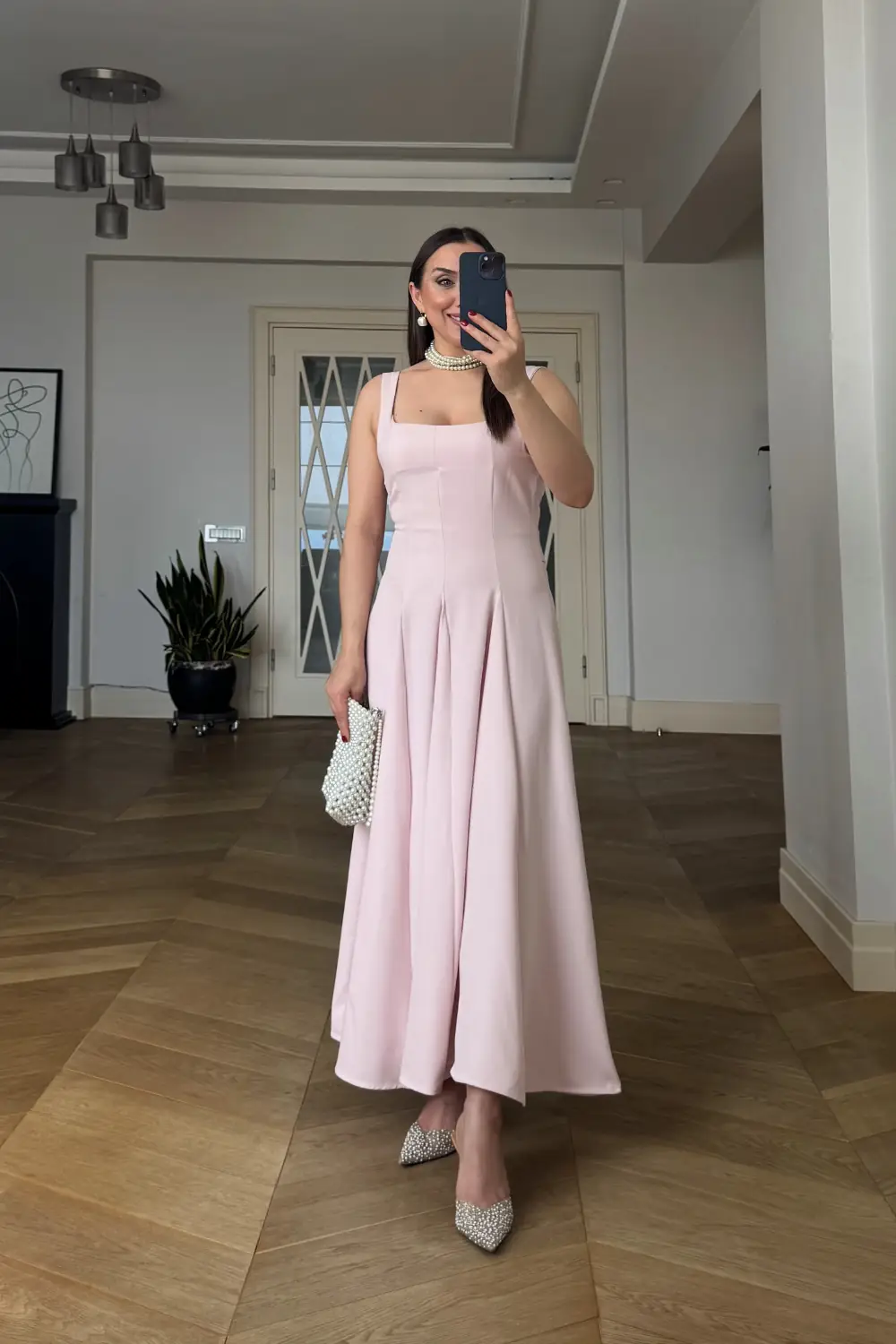 Kare Yaka Askılı Midi Elbise - Pudra Pembe