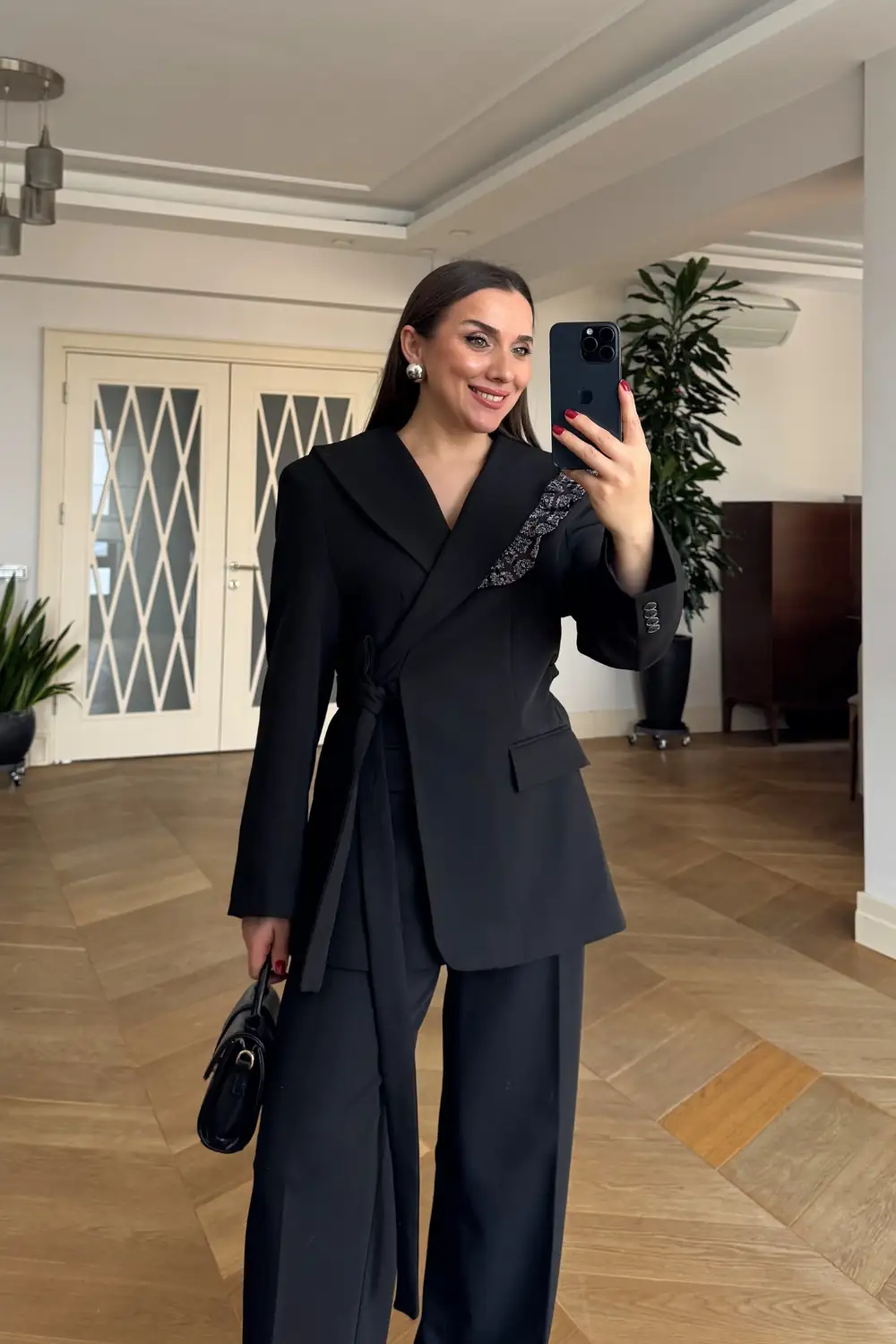 Pelerin Detaylı Blazer Ceket Pantolon Kadın Takım - SİYAH