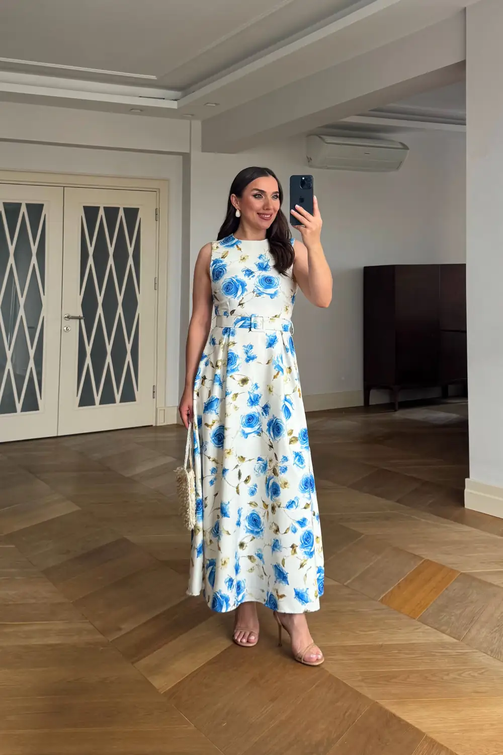 Çiçek Desenli Kemerli Midi Elbise - MAVİ