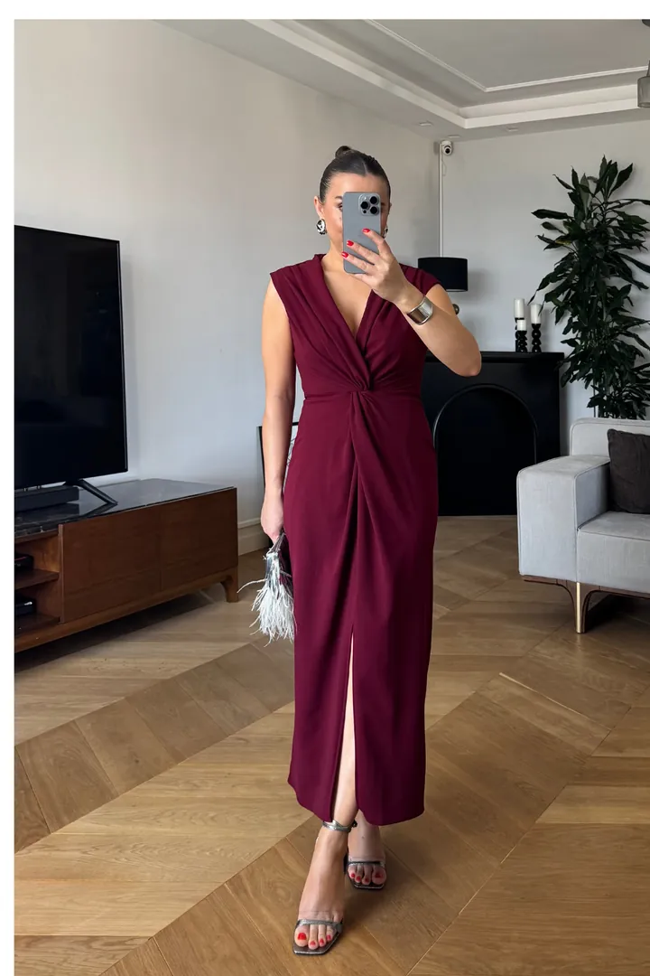 Düğüm Detaylı Sıfır Kol Midi Elbise - BORDO