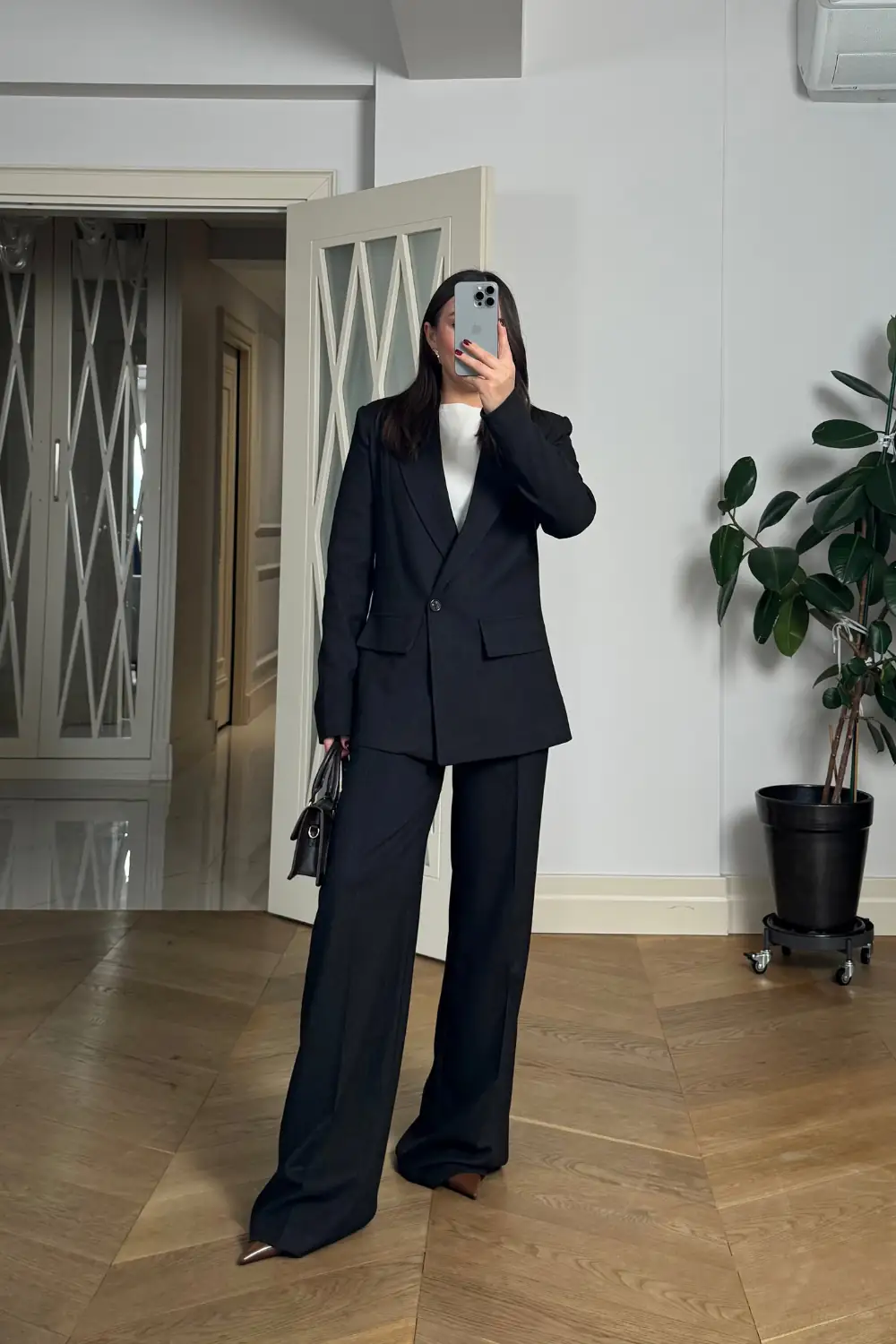 Kruvaze Çizgili Blazer Ceket Pantolon Kadın Takım - Koyu Kahverengi