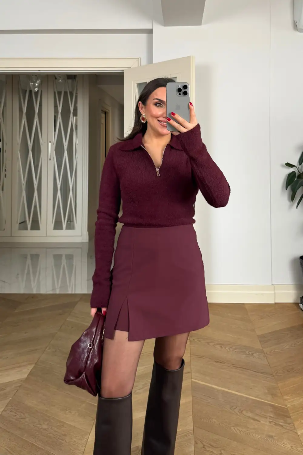 Yırtmaç Detaylı Mini Şort Etek - BORDO