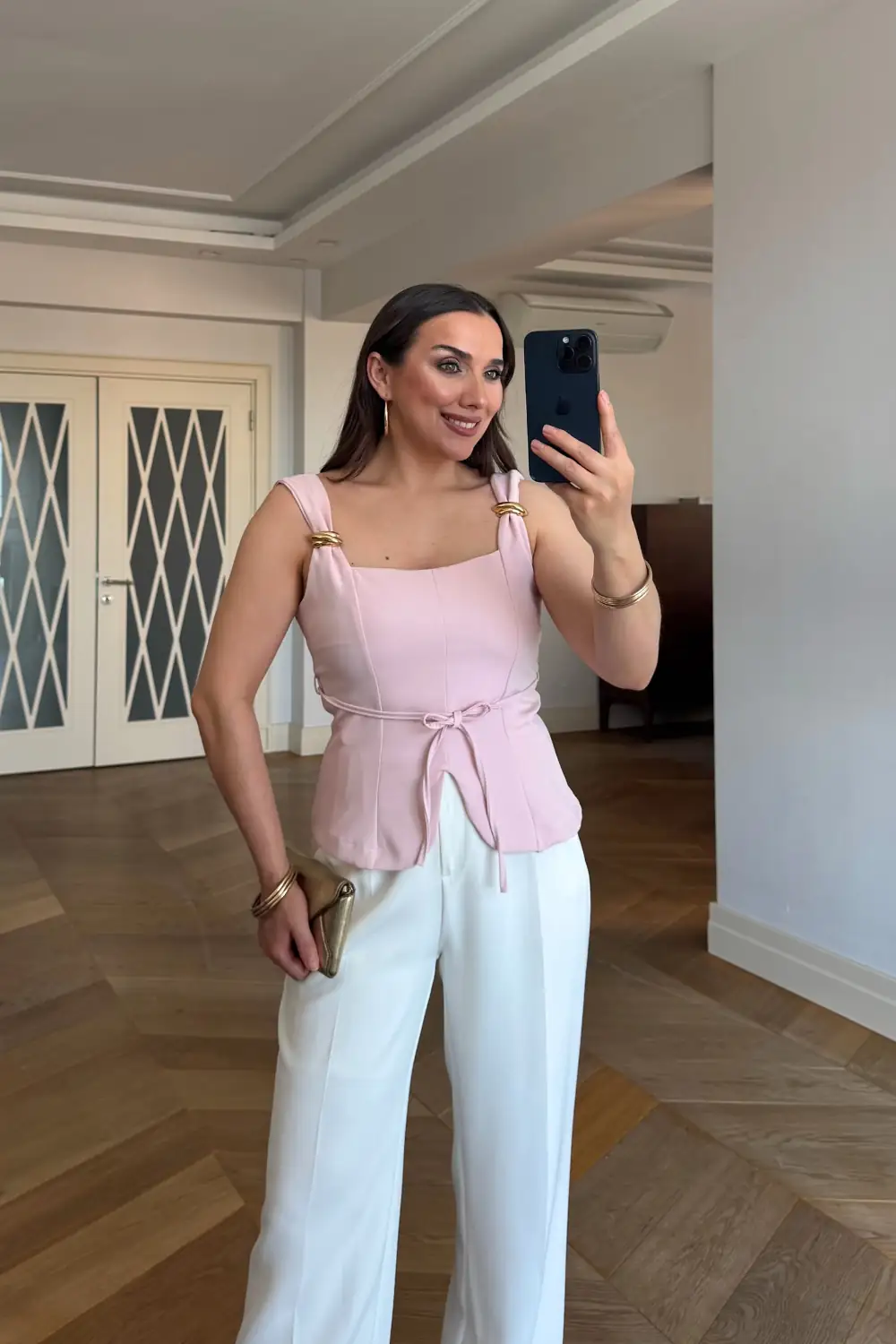 Kare Yaka Askılı Büstiyer - Pudra Pembe