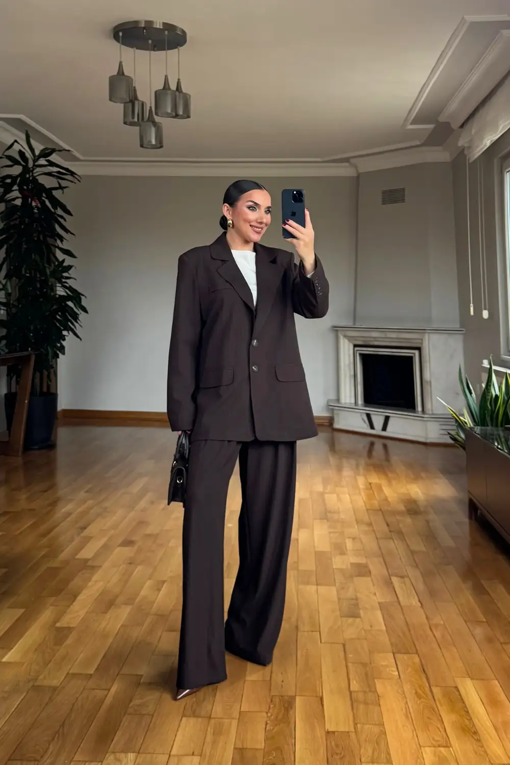 Çizgili Blazer Ceket Pantolon Kadın Takım - Kahverengi
