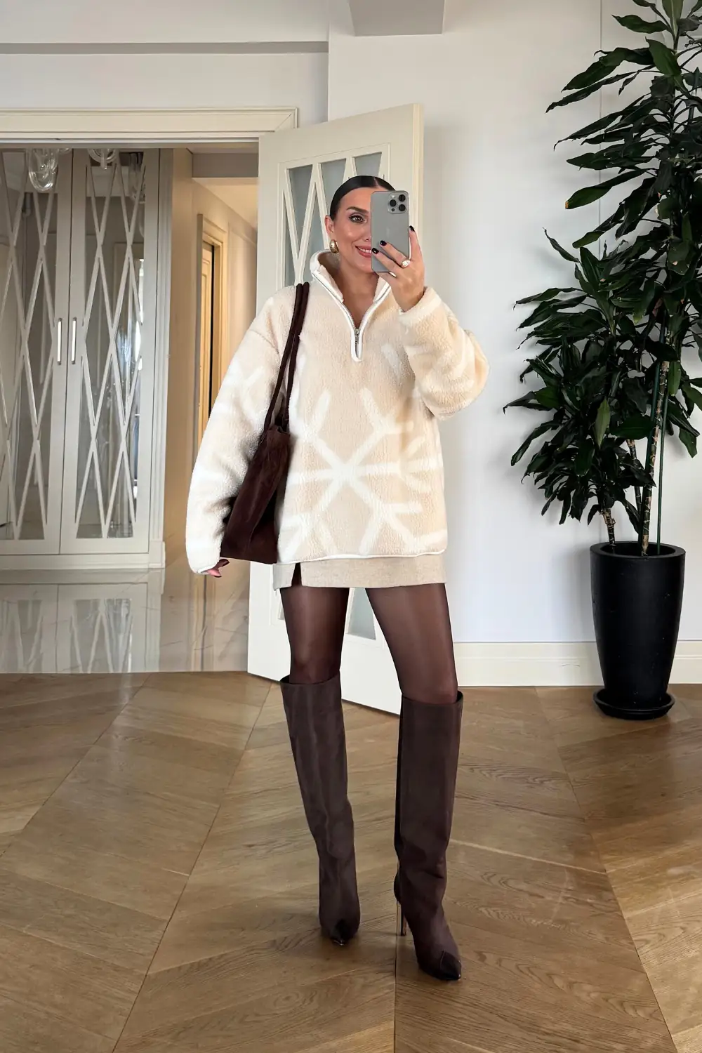 Dik Yaka Polar Kadın Sweatshirt - Ekru