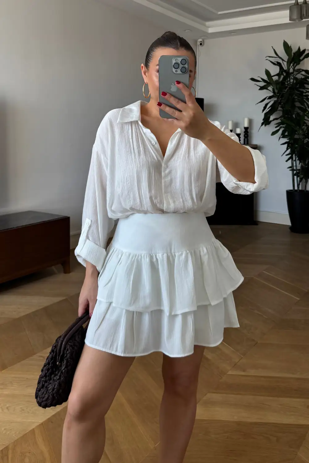 Volanlı Mini Şort Etek - Beyaz